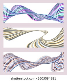 Wavy lines or ribbons. Set of 3 backgrounds. Multicolored striped gradient. Creative unusual background with abstract gradient wave lines to create a trendy banner, poster. vector eps