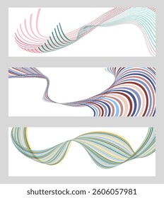 Wavy lines or ribbons. Set of 3 backgrounds. Multicolored striped gradient. Creative unusual background with abstract gradient wave lines to create a trendy banner, poster. vector eps