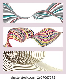 Wavy lines or ribbons. Set of 3 backgrounds. Multicolored striped gradient. Creative unusual background with abstract gradient wave lines to create a trendy banner, poster. vector eps
