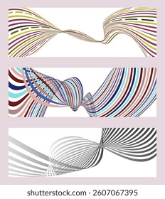 Wavy lines or ribbons. Set of 3 backgrounds. Multicolored striped gradient. Creative unusual background with abstract gradient wave lines to create a trendy banner, poster. vector eps