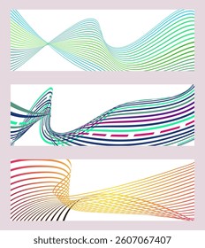 Wavy lines or ribbons. Set of 3 backgrounds. Multicolored striped gradient. Creative unusual background with abstract gradient wave lines to create a trendy banner, poster. vector eps