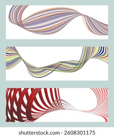 Wavy lines or ribbons. Set of 3 backgrounds. Multicolored striped gradient. Creative unusual background with abstract wavy lines. Fashionable banner, poster. eps vector