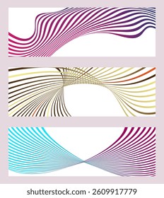 Wavy lines or ribbons. Set of 3 backgrounds. Multicolored striped gradient. Creative unusual background with abstract wavy lines. Fashionable banner, poster. eps vector