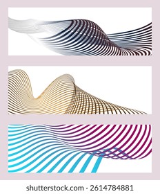 Wavy lines or ribbons. Set of 3 backgrounds. Multicolored striped gradient. Creative unusual background with abstract gradient wave lines to create a trendy banner, poster. vector eps