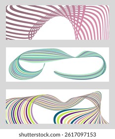 Wavy lines or ribbons. Set of 3 backgrounds. Multicolored striped gradient. Creative unusual background with abstract gradient wave lines to create a trendy banner, poster. vector eps