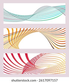 Wavy lines or ribbons. Set of 3 backgrounds. Multicolored striped gradient. Creative unusual background with abstract gradient wave lines to create a trendy banner, poster. vector eps