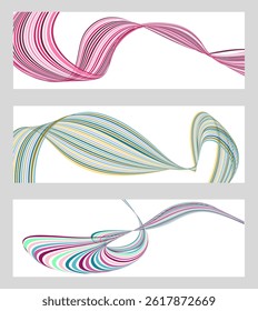 Wavy lines or ribbons. Set of 3 backgrounds. Multicolored striped gradient. Creative unusual background with abstract gradient wave lines to create a trendy banner, poster. vector eps