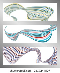 Wavy lines or ribbons. Set of 3 backgrounds. Multicolored striped gradient. Creative unusual background with abstract gradient wave lines to create a trendy banner, poster. vector eps
