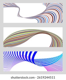 Wavy lines or ribbons. Set of 3 backgrounds. Multicolored striped gradient. Creative unusual background with abstract gradient wave lines to create a trendy banner, poster. vector eps