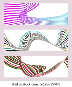Wavy lines or ribbons. Set of 3 backgrounds. Multicolored striped gradient. Creative unusual background with abstract gradient wave lines to create a trendy banner, poster. vector eps