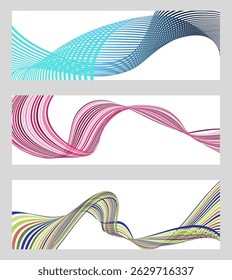 Wellenlinien oder Bänder. 3 Hintergründe. Mehrfarbiger Farbverlauf mit Streifen. Kreativer ungewöhnlicher Hintergrund mit abstrakten Farbverlauf-Wellenlinien, um ein trendiges Banner, Poster zu erstellen. Vektor eps