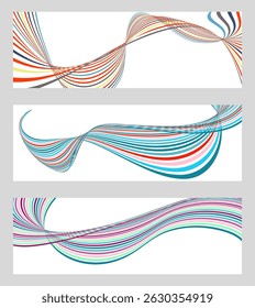 Wavy lines or ribbons. Set of 3 backgrounds. Multicolored striped gradient. Creative unusual background with abstract gradient wave lines to create a trendy banner, poster. vector eps