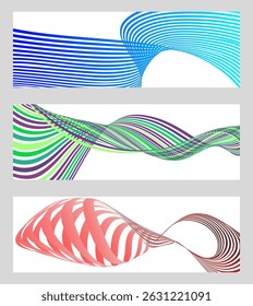 Wavy lines or ribbons. Set of 3 backgrounds. Multicolored striped gradient. Creative unusual background with abstract gradient wave lines to create a trendy banner, poster. vector eps