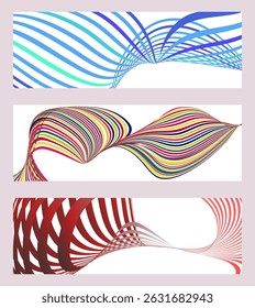 Wavy lines or ribbons. Set of 3 backgrounds. Multicolored striped gradient. Creative unusual background with abstract gradient wave lines to create a trendy banner, poster. vector eps