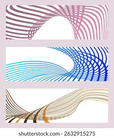 Wavy lines or ribbons. Set of 3 backgrounds. Multicolored striped gradient. Creative unusual background with abstract gradient wave lines to create a trendy banner, poster. vector eps