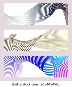 Wavy lines or ribbons. Set of 3 backgrounds. Multicolored striped gradient. Creative unusual background with abstract gradient wave lines to create a trendy banner, poster. vector eps