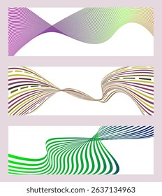 Wavy lines or ribbons. Set of 3 backgrounds. Multicolored striped gradient. Creative unusual background with abstract gradient wave lines to create a trendy banner, poster. vector eps