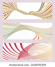 Wavy lines or ribbons. Set of 3 backgrounds. Multicolored striped gradient. Creative unusual background with abstract gradient wave lines to create a trendy banner, poster. vector eps