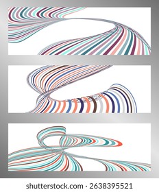 Wavy lines or ribbons. Set of 3 backgrounds. Multicolored striped gradient. Creative unusual background with abstract gradient wave lines to create a trendy banner, poster. vector eps