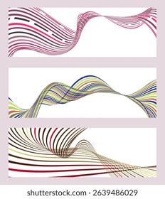 Wavy lines or ribbons. Set of 3 backgrounds. Multicolored striped gradient. Creative unusual background with abstract gradient wave lines to create a trendy banner, poster. vector eps
