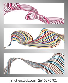 Wavy lines or ribbons. Set of 3 backgrounds. Multicolored striped gradient. Creative unusual background with abstract gradient wave lines to create a trendy banner, poster. vector eps