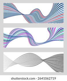 Wavy lines or ribbons. Set of 3 backgrounds. Multicolored striped gradient. Creative unusual background with abstract gradient wave lines to create a trendy banner, poster. vector eps