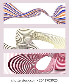 Wavy lines or ribbons. Set of 3 backgrounds. Multicolored striped gradient. Creative unusual background with abstract gradient wave lines to create a trendy banner, poster. vector eps