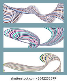 Wavy lines or ribbons. Set of 3 backgrounds. Multicolored striped gradient. Creative unusual background with abstract gradient wave lines to create a trendy banner, poster. vector eps