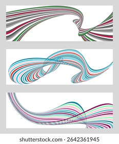 Líneas onduladas o cintas. Conjunto de 3 fondos. Gradiente de rayas multicolor. Fondo inusual creativo con líneas de onda de gradiente abstractas para crear un Anuncio de moda, póster. Vector eps