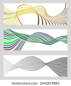 Wavy lines or ribbons. Set of 3 backgrounds. Multicolored striped gradient. Creative unusual background with abstract gradient wave lines to create a trendy banner, poster. vector eps