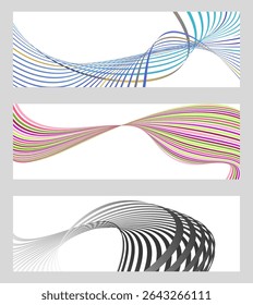 Wavy lines or ribbons. Set of 3 backgrounds. Multicolored striped gradient. Creative unusual background with abstract gradient wave lines to create a trendy banner, poster. vector eps