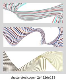 Wavy lines or ribbons. Set of 3 backgrounds. Multicolored striped gradient. Creative unusual background with abstract gradient wave lines to create a trendy banner, poster. vector eps