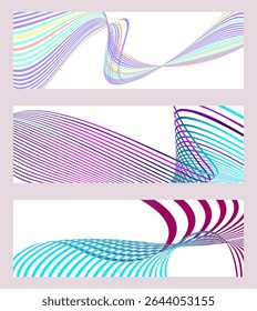 Wavy lines or ribbons. Set of 3 backgrounds. Multicolored striped gradient. Creative unusual background with abstract gradient wave lines to create a trendy banner, poster. vector eps
