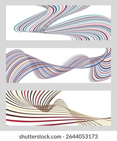 Wavy lines or ribbons. Set of 3 backgrounds. Multicolored striped gradient. Creative unusual background with abstract gradient wave lines to create a trendy banner, poster. vector eps