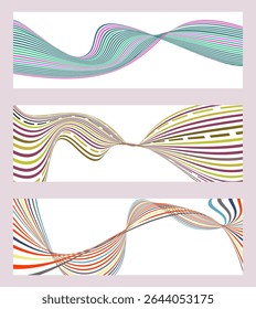 Wavy lines or ribbons. Set of 3 backgrounds. Multicolored striped gradient. Creative unusual background with abstract gradient wave lines to create a trendy banner, poster. vector eps