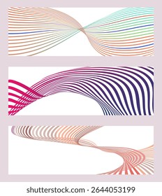 Wavy lines or ribbons. Set of 3 backgrounds. Multicolored striped gradient. Creative unusual background with abstract gradient wave lines to create a trendy banner, poster. vector eps