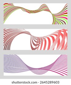 Wavy lines or ribbons. Set of 3 backgrounds. Multicolored striped gradient. Creative unusual background with abstract gradient wave lines to create a trendy banner, poster. vector eps