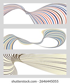 Líneas onduladas o cintas. Conjunto de 3 fondos. Gradiente de rayas multicolor. Fondo inusual creativo con líneas de onda de gradiente abstractas para crear un Anuncio de moda, póster. Vector eps