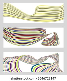 Wavy lines or ribbons. Set of 3 backgrounds. Multicolored striped gradient. Creative unusual background with abstract gradient wave lines to create a trendy banner, poster. vector eps