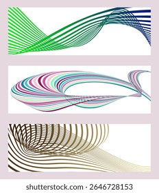 Wavy lines or ribbons. Set of 3 backgrounds. Multicolored striped gradient. Creative unusual background with abstract gradient wave lines to create a trendy banner, poster. vector eps