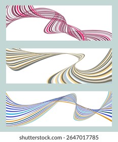 Wavy lines or ribbons. Set of 3 backgrounds. Multicolored striped gradient. Creative unusual background with abstract gradient wave lines to create a trendy banner, poster. vector eps