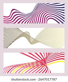 Wavy lines or ribbons. Set of 3 backgrounds. Multicolored striped gradient. Creative unusual background with abstract gradient wave lines to create a trendy banner, poster. vector eps