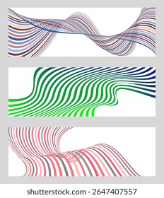 Wavy lines or ribbons. Set of 3 backgrounds. Multicolored striped gradient. Creative unusual background with abstract gradient wave lines to create a trendy banner, poster. vector eps