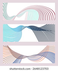 Wavy lines or ribbons. Set of 3 backgrounds. Multicolored striped gradient. Creative unusual background with abstract gradient wave lines to create a trendy banner, poster. vector eps