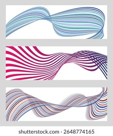Wavy lines or ribbons. Set of 3 backgrounds. Multicolored striped gradient. Creative unusual background with abstract gradient wave lines to create a trendy banner, poster. vector eps
