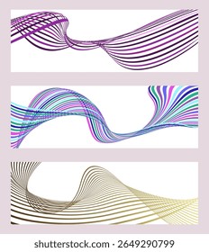 Wavy lines or ribbons. Set of 3 backgrounds. Multicolored striped gradient. Creative unusual background with abstract gradient wave lines to create a trendy banner, poster. vector eps
