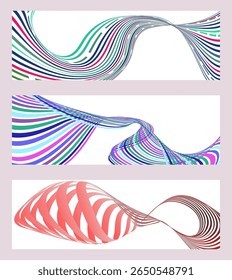 Wavy lines or ribbons. Set of 3 backgrounds. Multicolored striped gradient. Creative unusual background with abstract gradient wave lines to create a trendy banner, poster. vector eps
