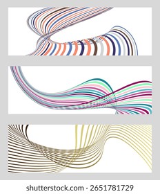 Wavy lines or ribbons. Set of 3 backgrounds. Multicolored striped gradient. Creative unusual background with abstract gradient wave lines to create a trendy banner, poster. vector eps