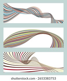 Wavy lines or ribbons. Set of 3 backgrounds. Multicolored striped gradient. Creative unusual background with abstract gradient wave lines to create a trendy banner, poster. vector eps