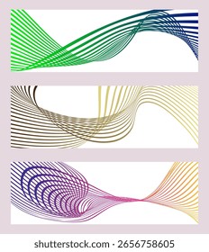 Wavy lines or ribbons. Set of 3 backgrounds. Multicolored striped gradient. Creative unusual background with abstract gradient wave lines to create a trendy banner, poster. vector eps